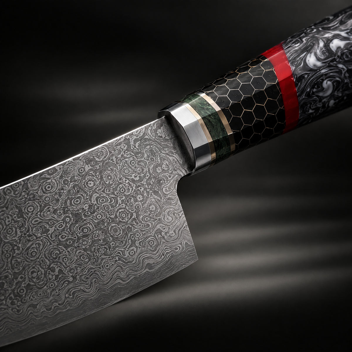 Close-up of the shiden santoku knife blade and handle