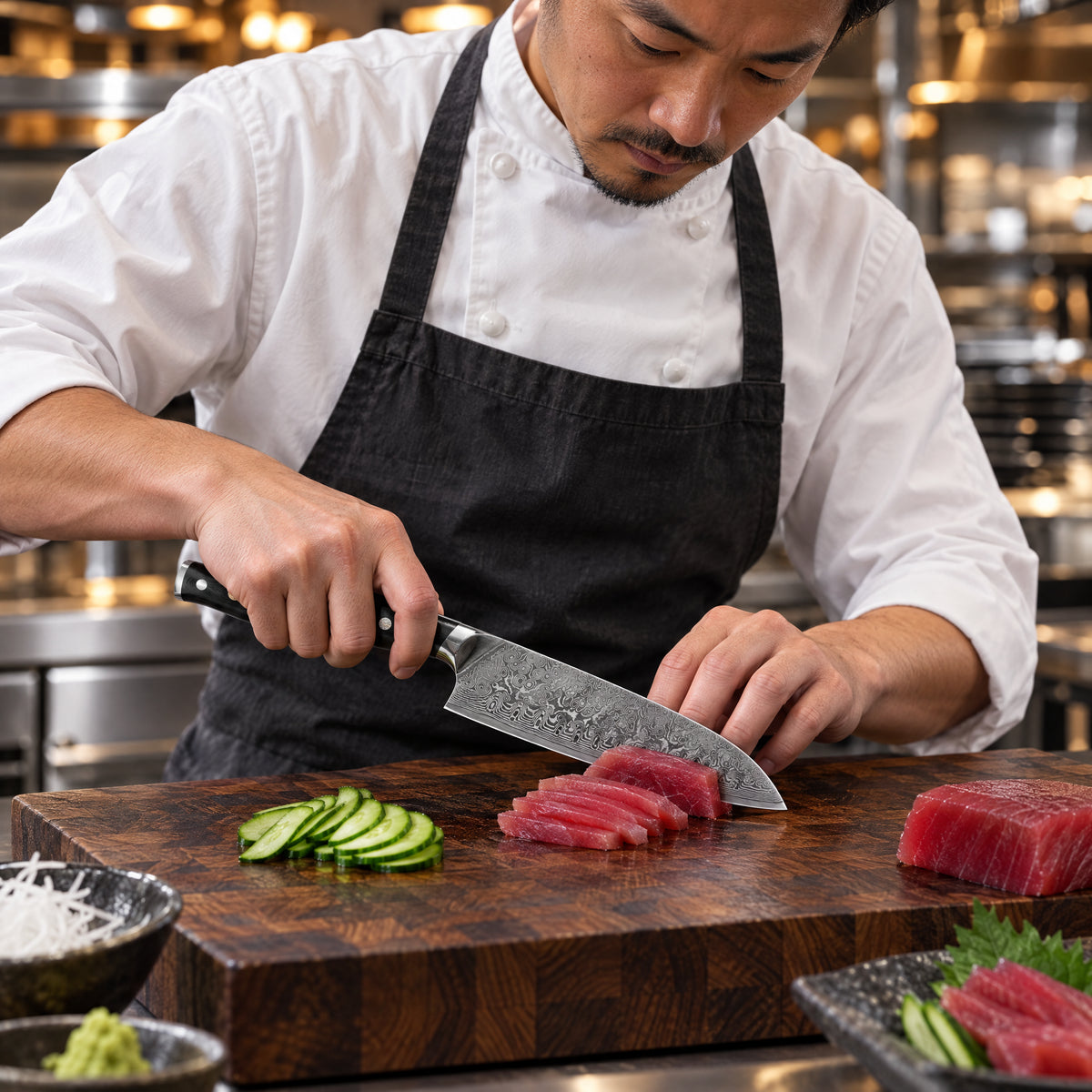A Japanese chef using the Guren Santoku Knife on a wooden cutting board in a professional kitchen