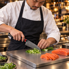 A Japanese chef using the Shingen 5-Inch Santoku Knife on a titanium cutting board in a professional kitchen