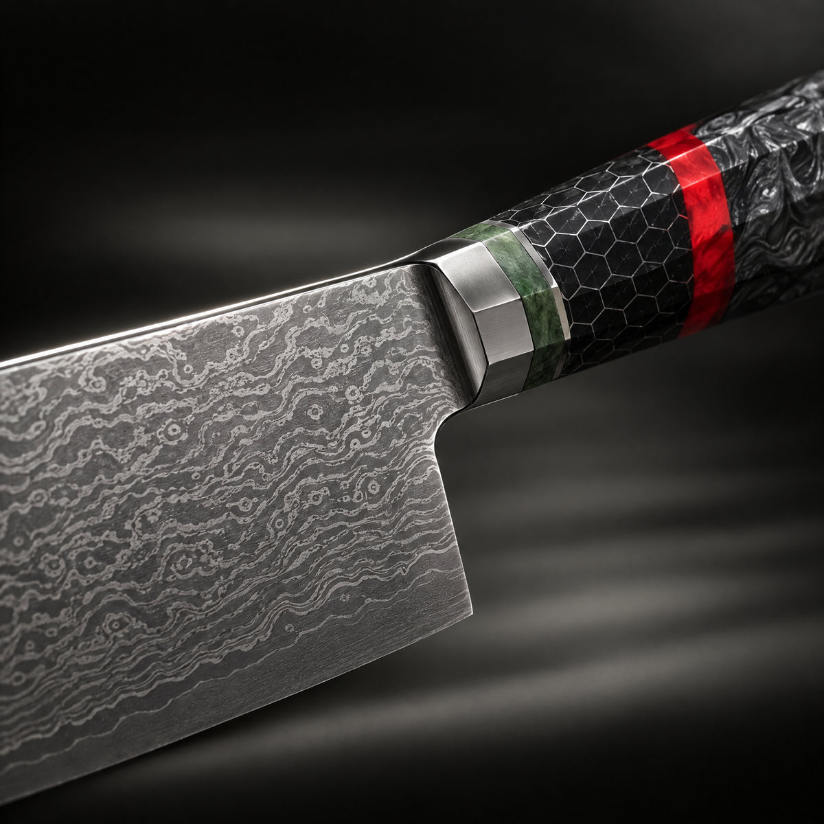 Close-up of the shingen 5-inch santoku knife blade and handle