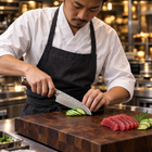 A Japanese chef using the Taiga Santoku Knife on a wooden cutting board in a professional kitchen