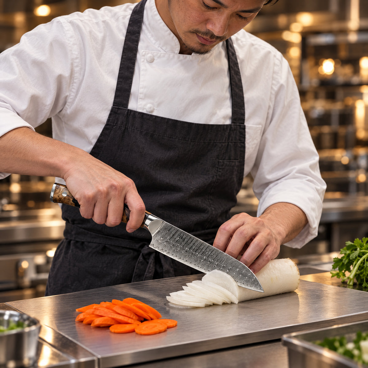 A Japanese chef using the Haku Santoku Knife on a titanium cutting board in a professional kitchen