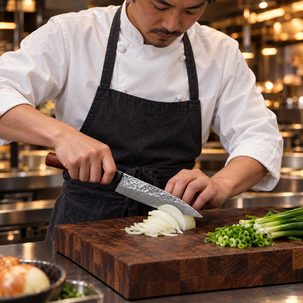 A Japanese chef using the Akitsu Gyuto Chef Knife on a wooden cutting board in a professional kitchen