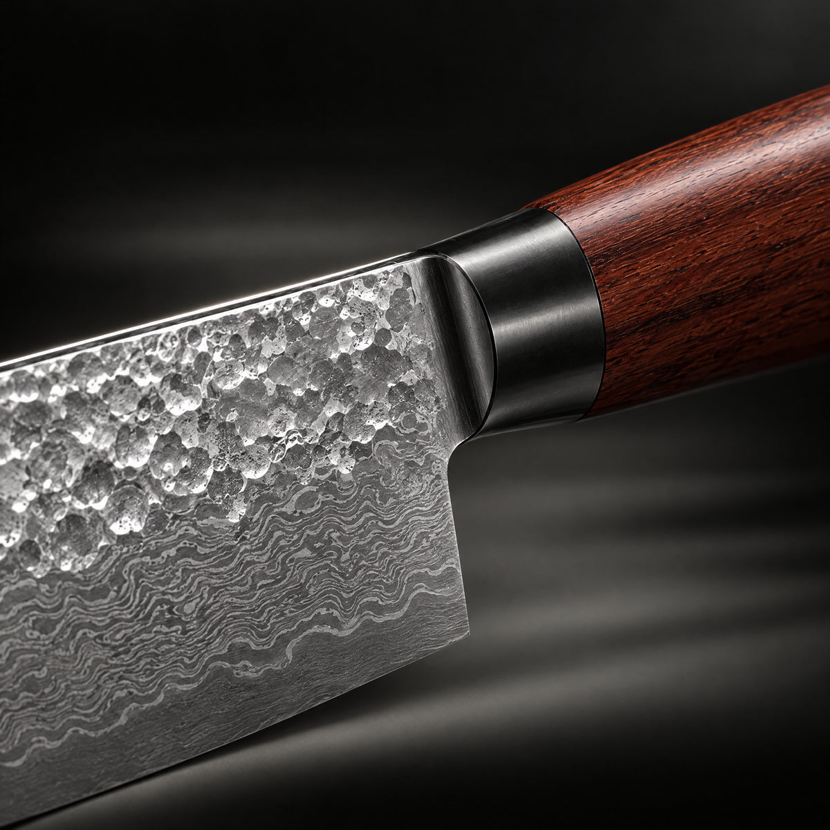 Close-up of the akitsu gyuto chef knife blade and handle