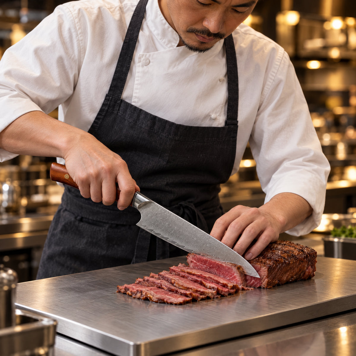 A Japanese chef using the Asama Gyuto Chef Knife on a titanium cutting board in a professional kitchen