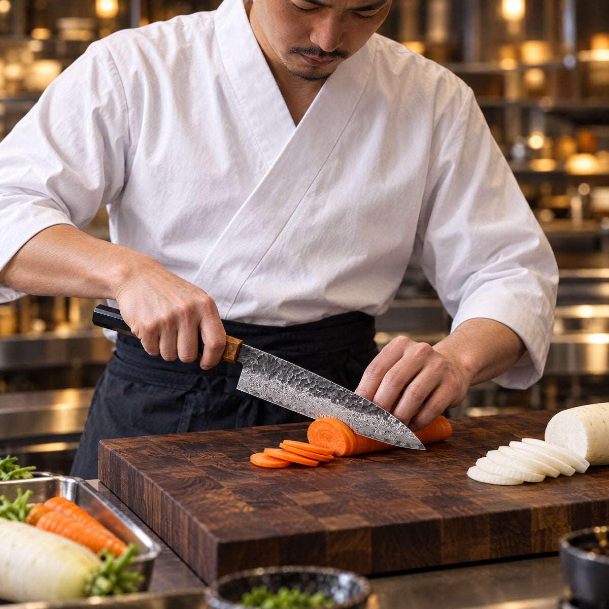 A Japanese chef using the Genbu Gyuto Chef Knife on a wooden cutting board in a professional kitchen