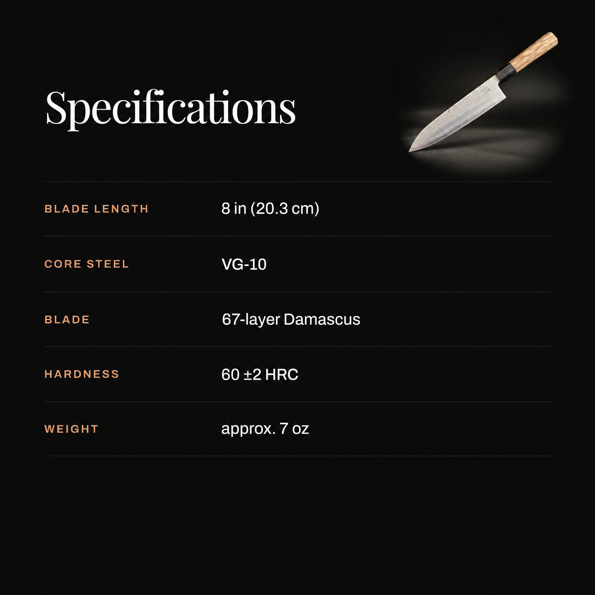 Tenku Gyuto Chef Knife specifications