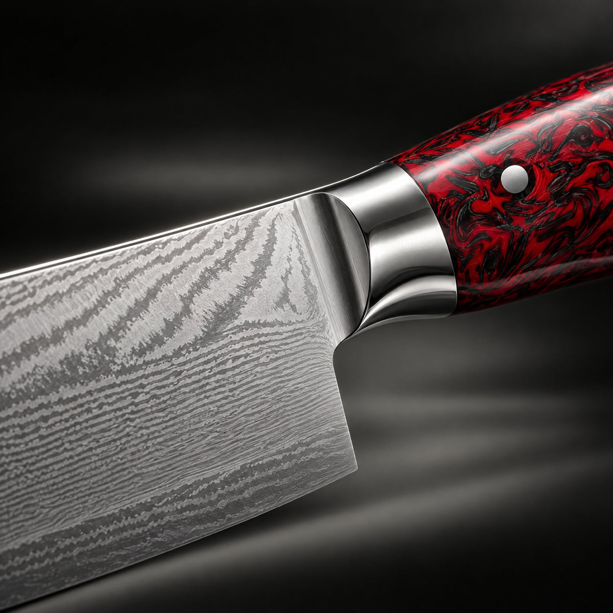 Close-up of the kurenai gyuto chef knife blade and handle