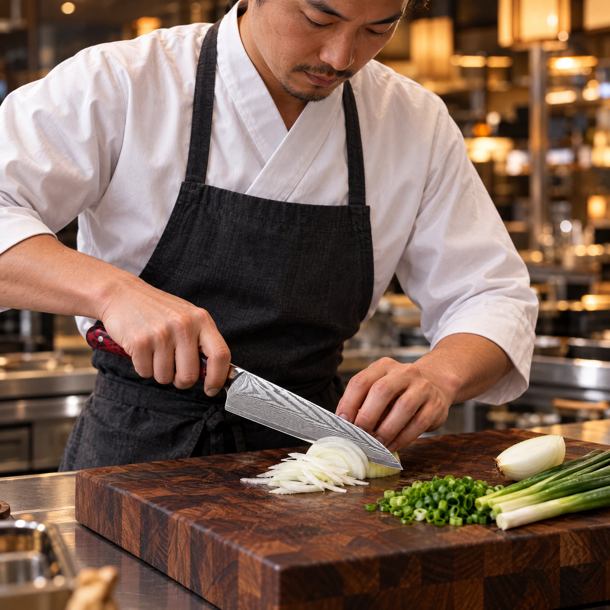 A Japanese chef using the Kurenai Gyuto Chef Knife on a wooden cutting board in a professional kitchen