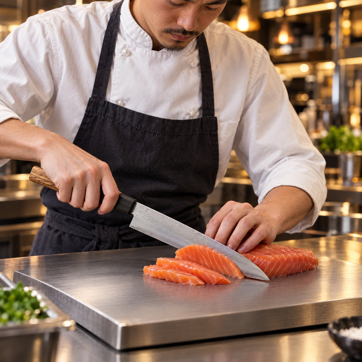 A Japanese chef using the Tenku Gyuto Chef Knife on a titanium cutting board in a professional kitchen