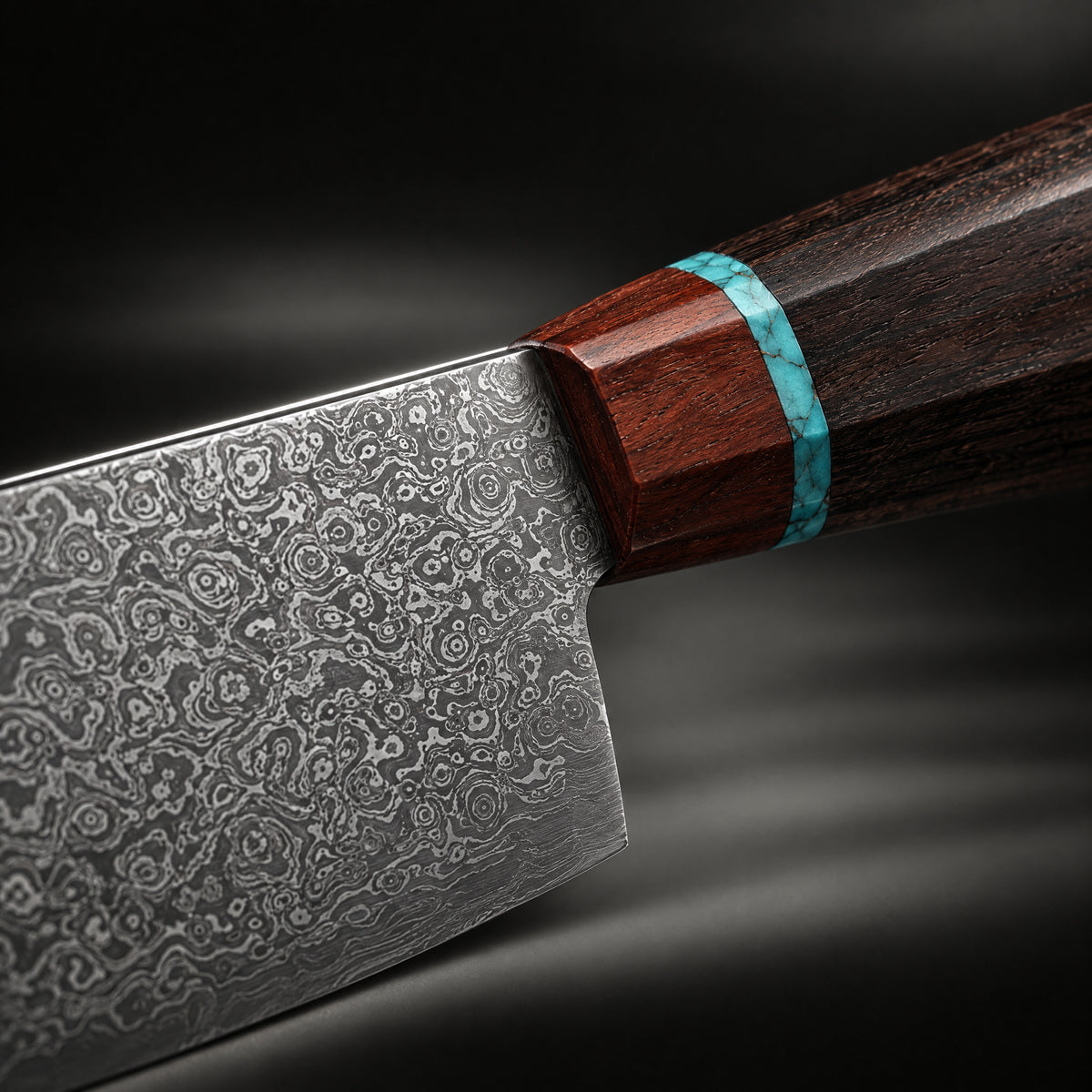 Close-up of the isamu gyuto chef knife blade and handle