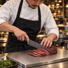 A Japanese chef using the Isamu Gyuto Chef Knife on a titanium cutting board in a professional kitchen