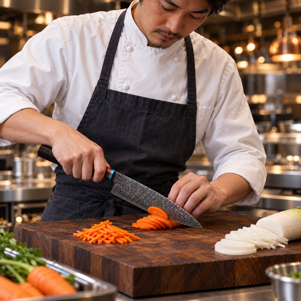 A Japanese chef using the Arashi Gyuto Chef Knife on a wooden cutting board in a professional kitchen