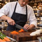 A Japanese chef using the Arashi Gyuto Chef Knife on a wooden cutting board in a professional kitchen