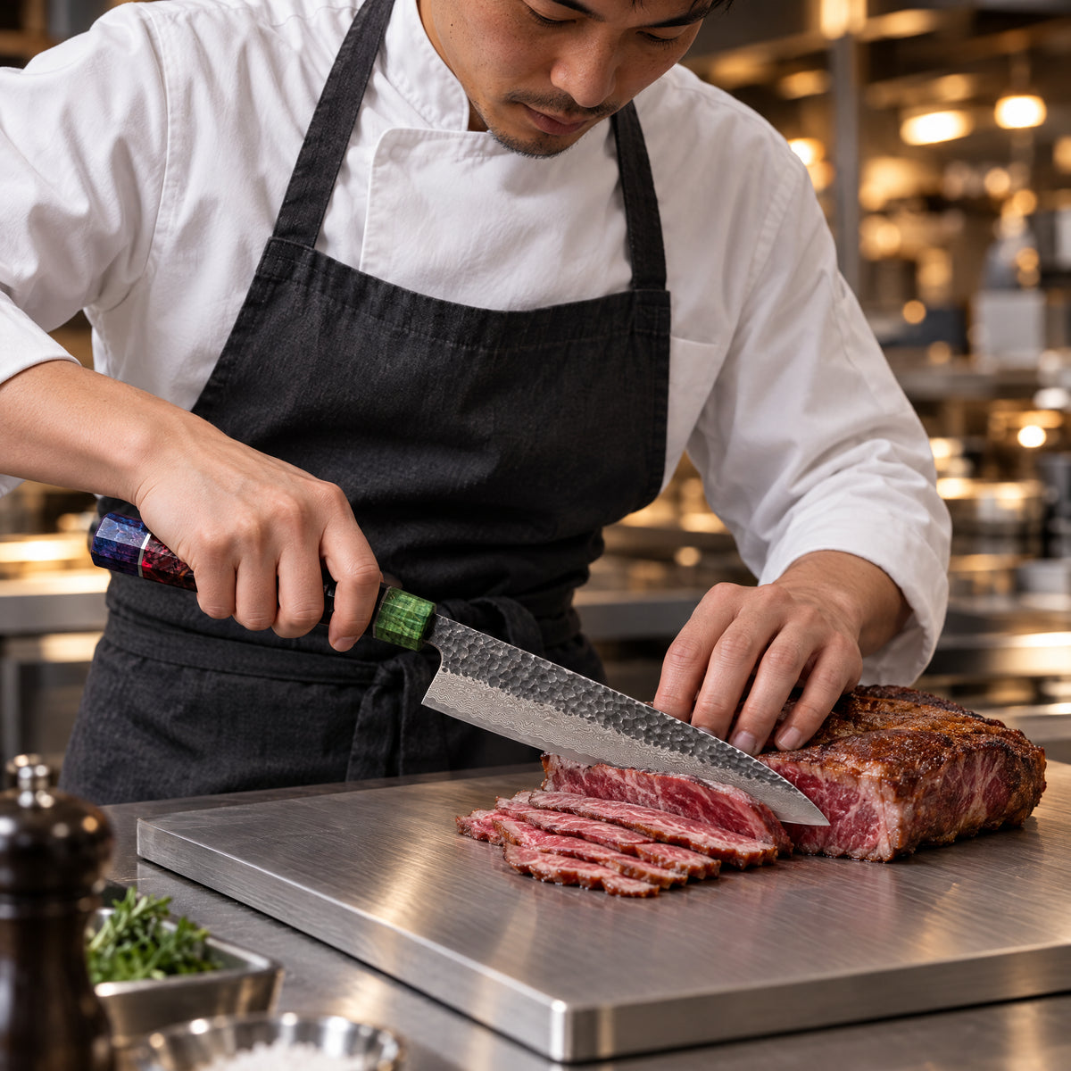 A Japanese chef using the Retsu Gyuto Chef Knife on a titanium cutting board in a professional kitchen
