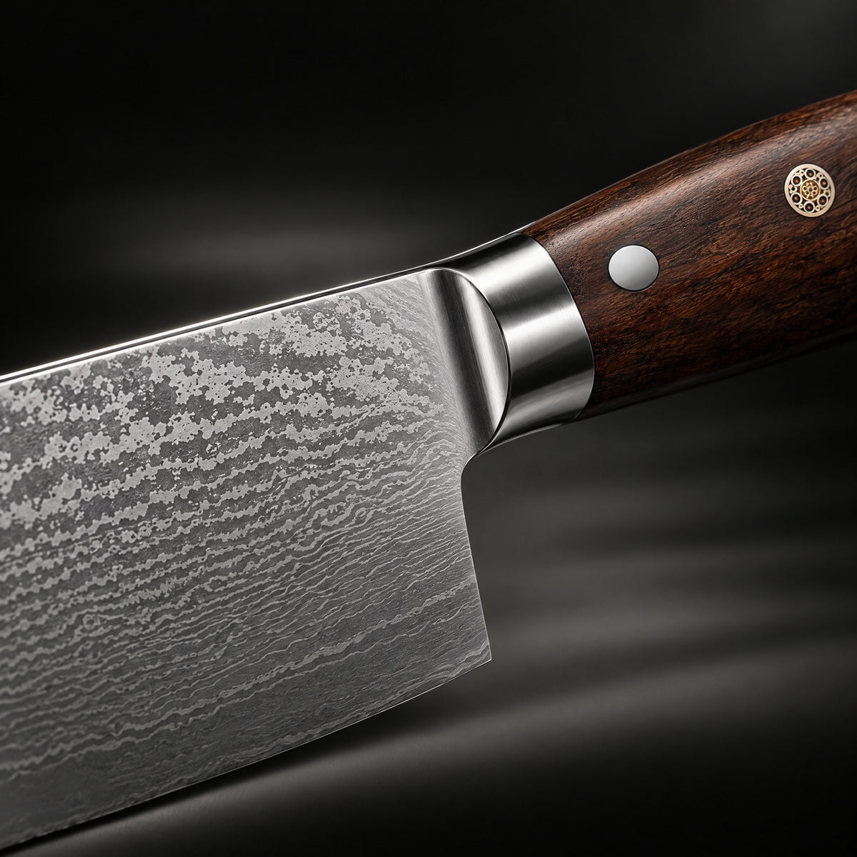 Close-up of the musashi gyuto chef knife blade and handle