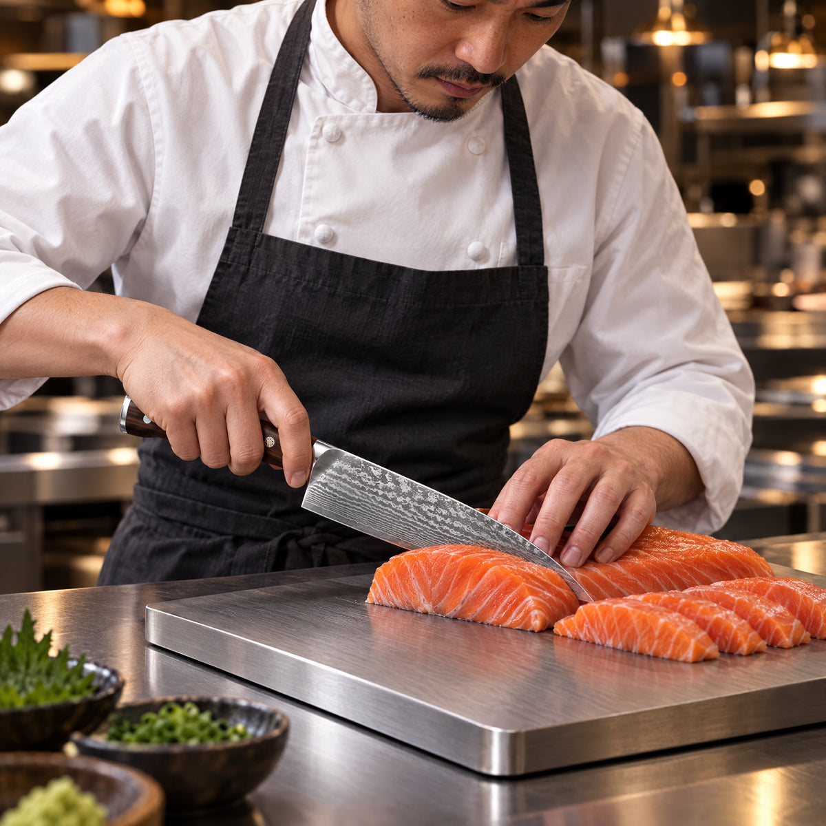 A Japanese chef using the Musashi Gyuto Chef Knife on a titanium cutting board in a professional kitchen