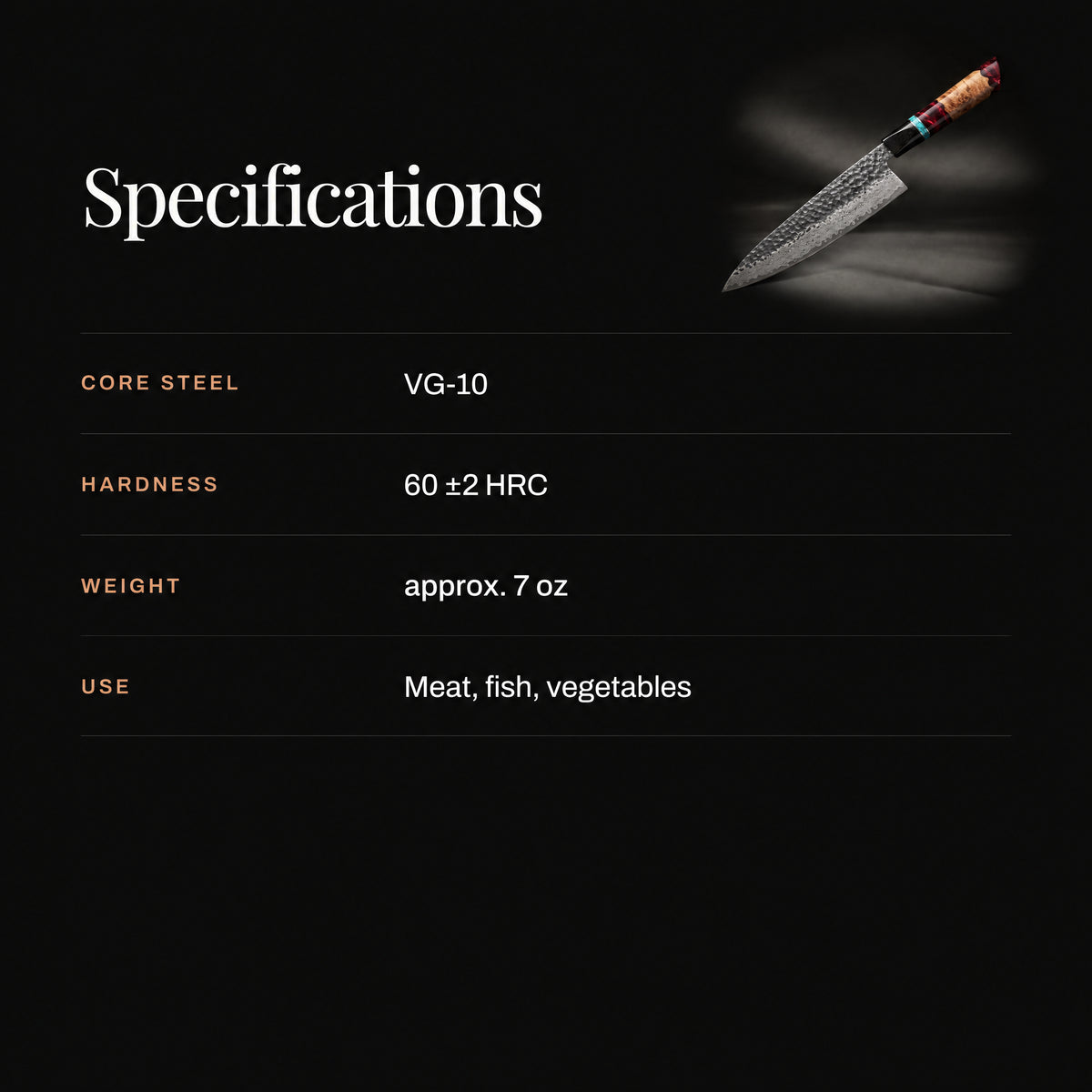Tenryu Gyuto Chef Knife specifications