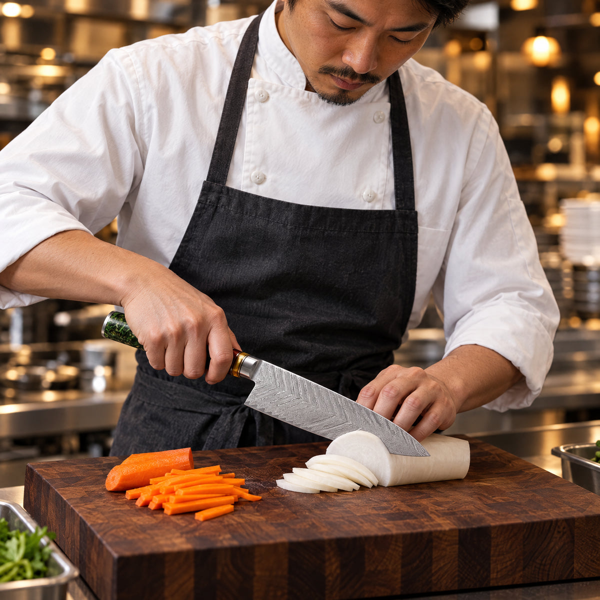 A Japanese chef using the Daigo Gyuto Chef Knife on a wooden cutting board in a professional kitchen