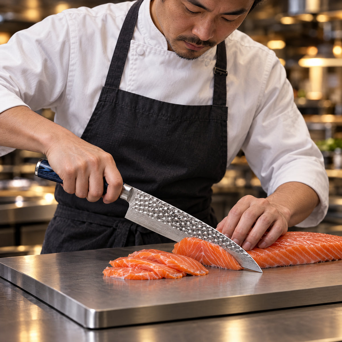 A Japanese chef using the Genkai Gyuto Chef Knife on a titanium cutting board in a professional kitchen