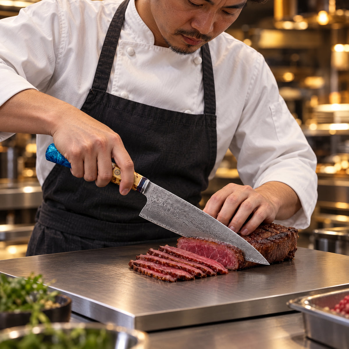A Japanese chef using the Suijin 8-Inch Gyuto Chef Knife on a titanium cutting board in a professional kitchen