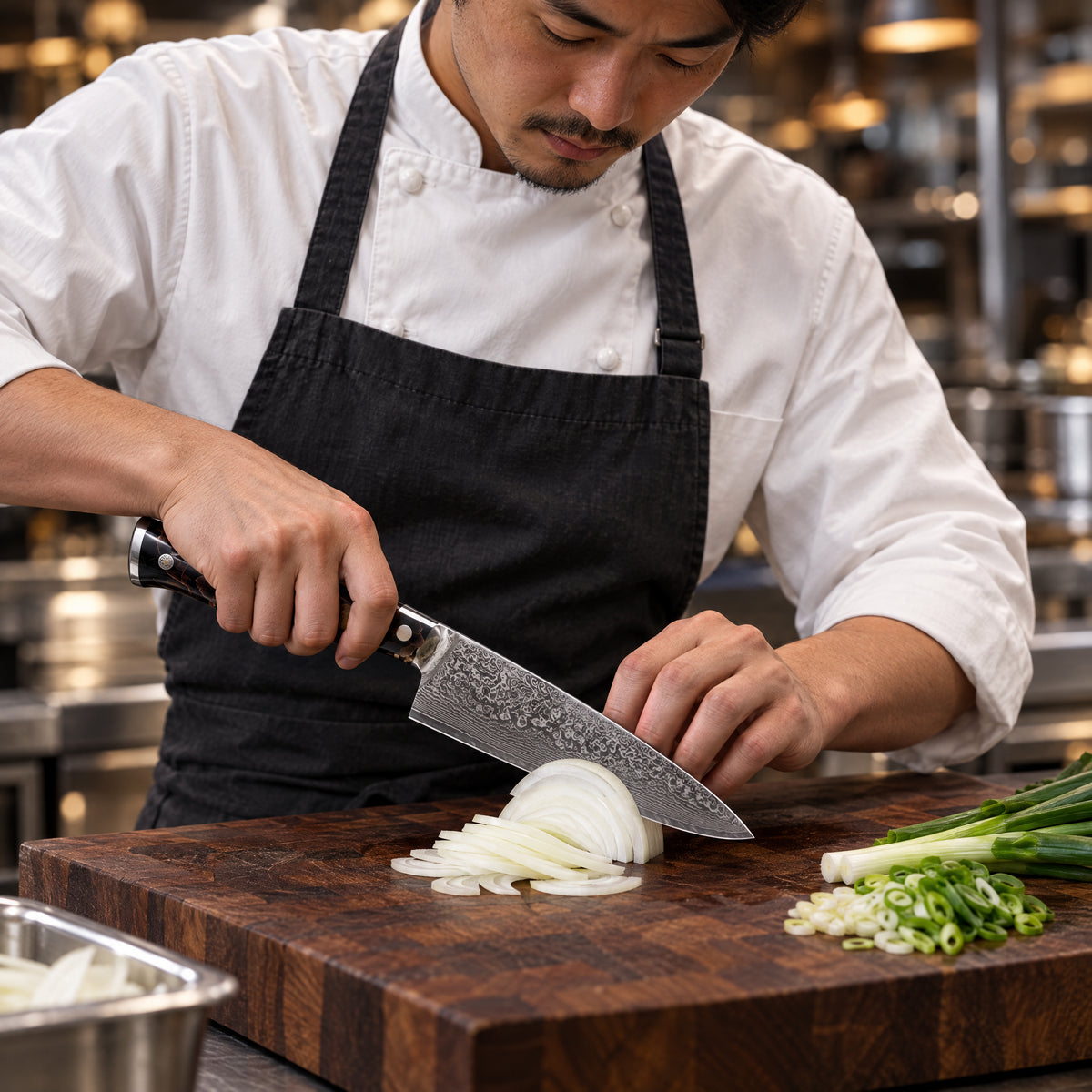 A Japanese chef using the Kongo Gyuto Chef Knife on a wooden cutting board in a professional kitchen