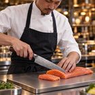 A Japanese chef using the Takamori Gyuto Chef Knife on a titanium cutting board in a professional kitchen