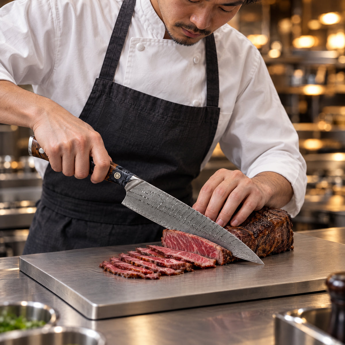 A Japanese chef using the Haku Gyuto Chef Knife on a titanium cutting board in a professional kitchen