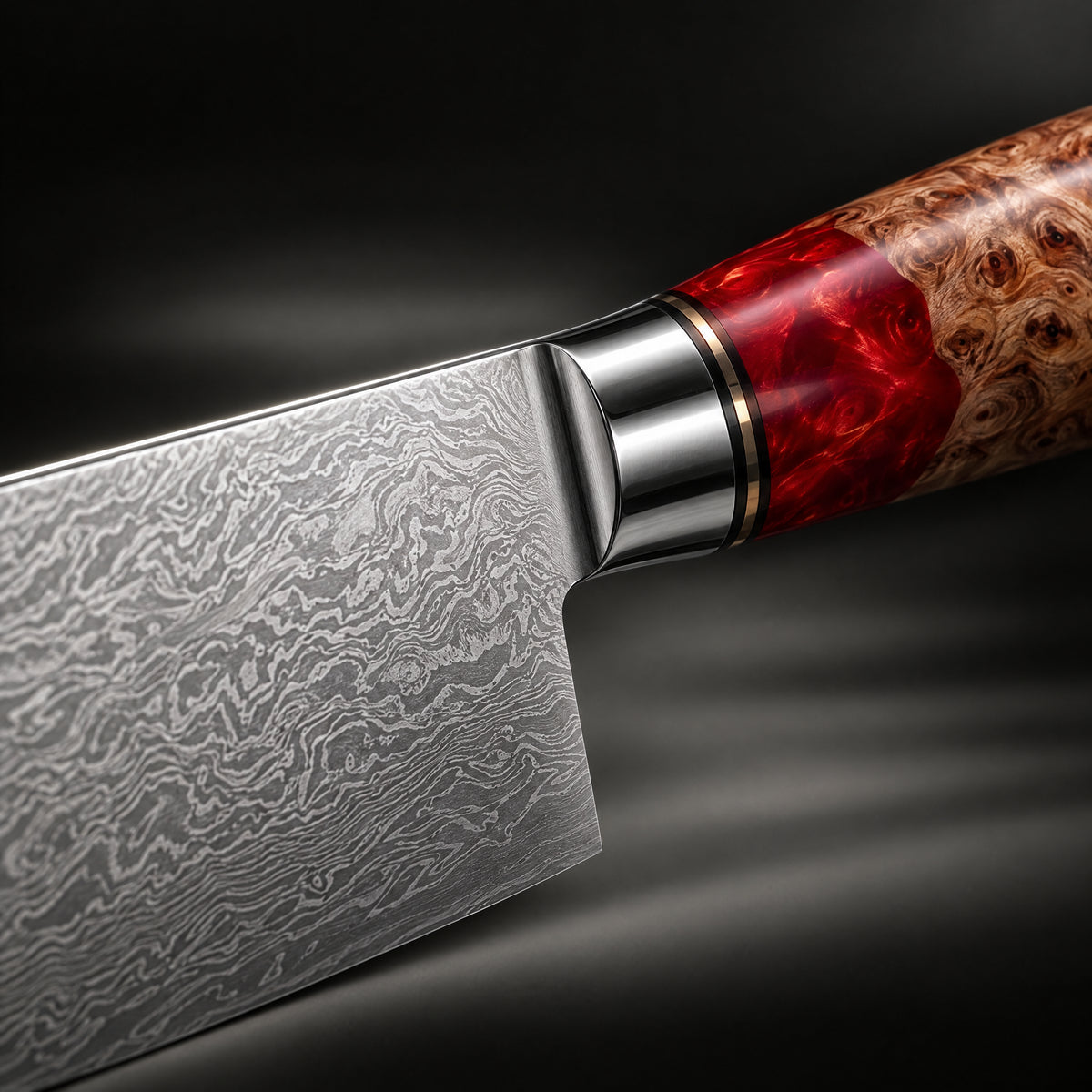 Close-up of the akagi gyuto chef knife blade and handle