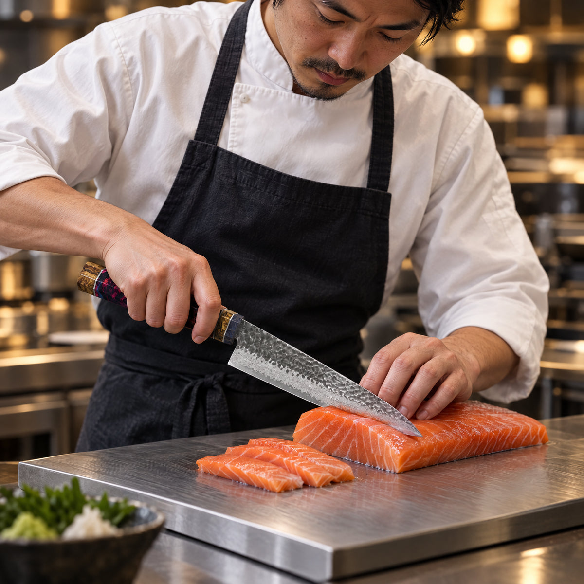 A Japanese chef using the Kazan Gyuto Chef Knife on a titanium cutting board in a professional kitchen