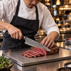 A Japanese chef using the Shiden Broad Gyuto Chef Knife on a titanium cutting board in a professional kitchen