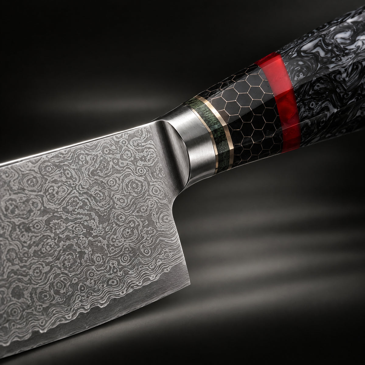 Close-up of the shiden broad gyuto chef knife blade and handle