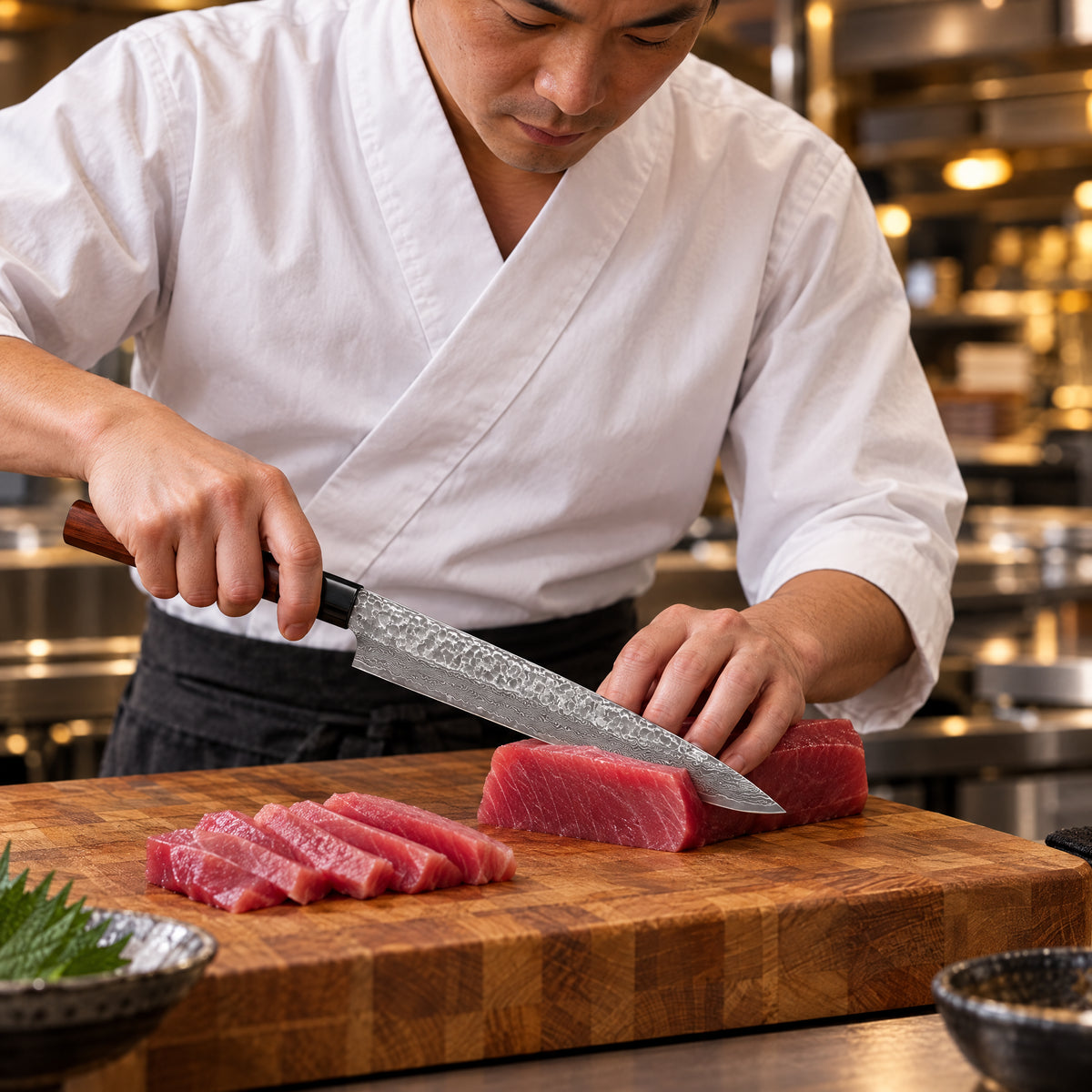 A Japanese chef using the Akitsu Kiritsuke Knife on a wooden cutting board in a professional kitchen