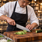 A Japanese chef using the Asahi Kiritsuke Knife on a wooden cutting board in a professional kitchen