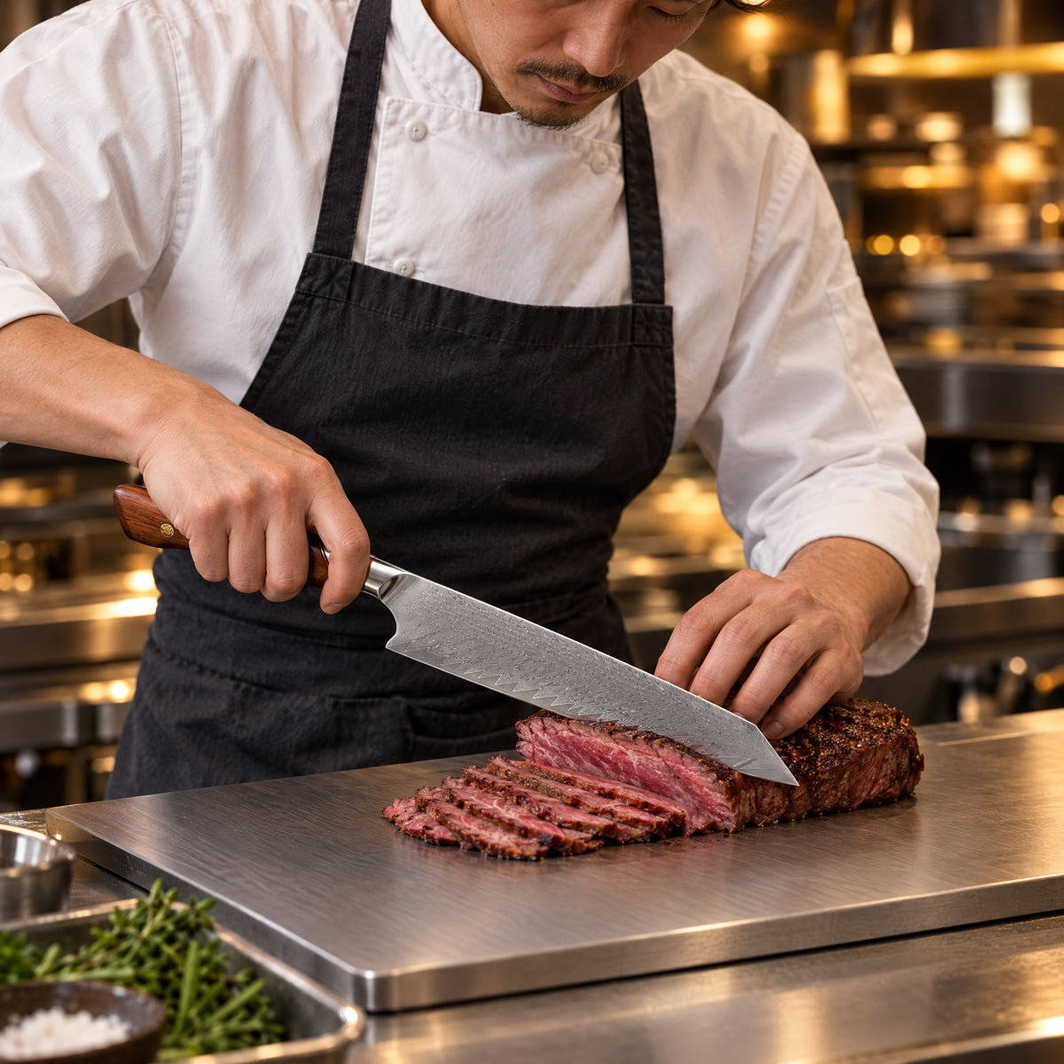 A Japanese chef using the Asama Kiritsuke Knife on a titanium cutting board in a professional kitchen
