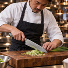 A Japanese chef using the Gekko Kiritsuke Knife on a wooden cutting board in a professional kitchen
