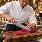 A Japanese chef using the Guren Kiritsuke Knife on a wooden cutting board in a professional kitchen