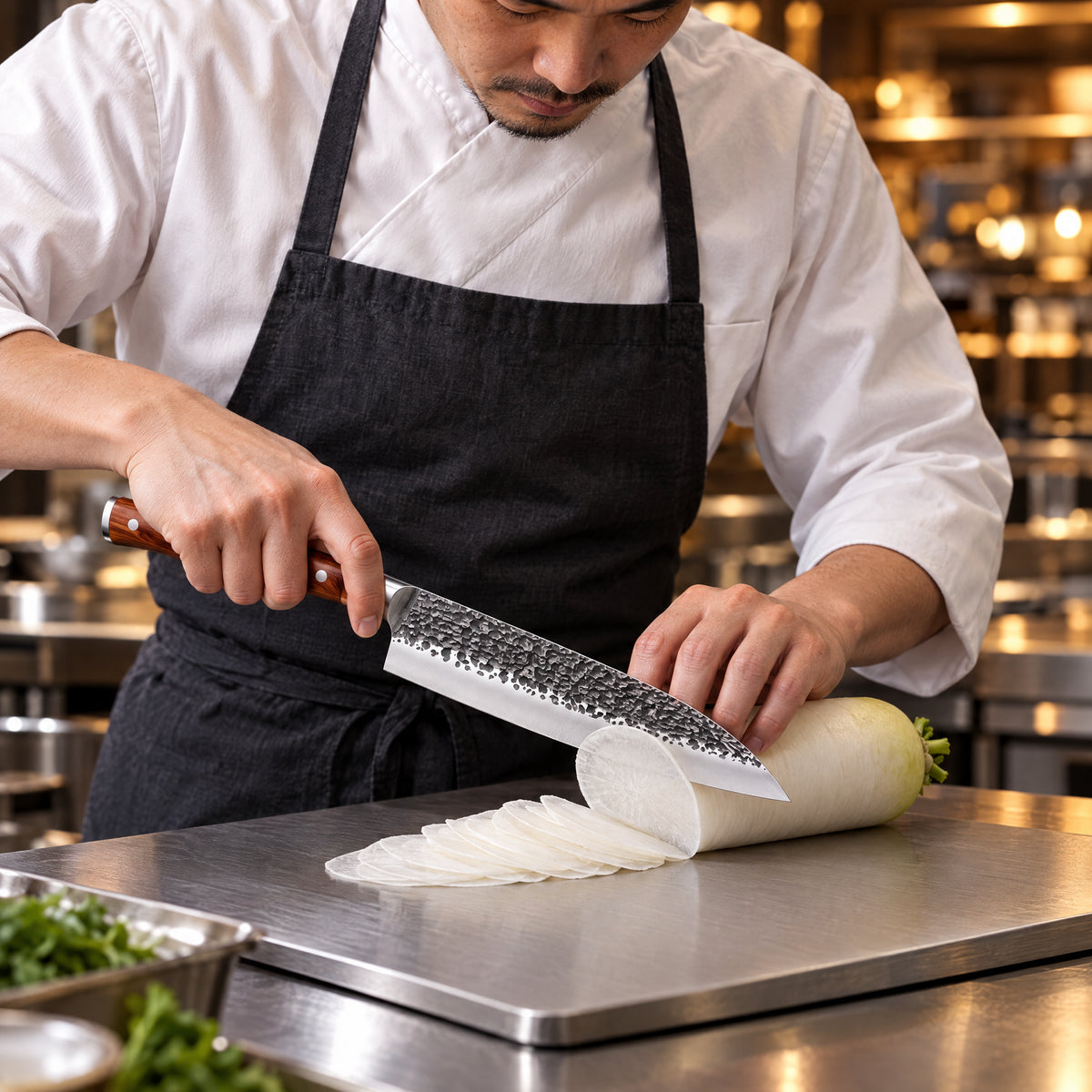 A Japanese chef using the Hagane Kiritsuke Knife on a titanium cutting board in a professional kitchen