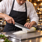 A Japanese chef using the Hagane Kiritsuke Knife on a titanium cutting board in a professional kitchen
