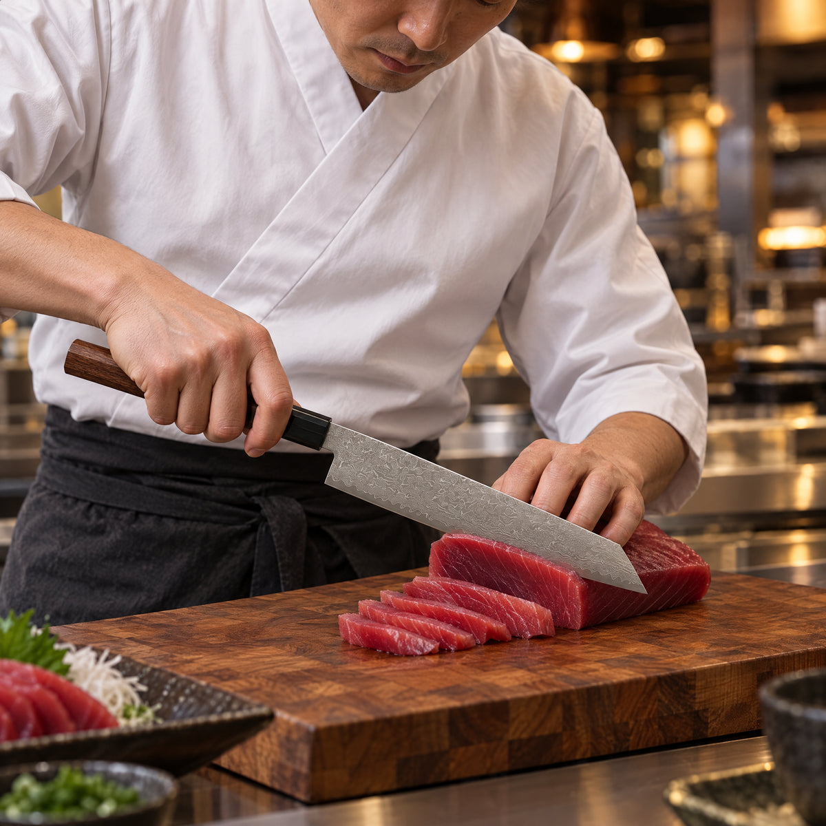 A Japanese chef using the Kenshin Kiritsuke Knife on a wooden cutting board in a professional kitchen