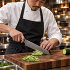 A Japanese chef using the Kongo Kiritsuke Knife on a wooden cutting board in a professional kitchen