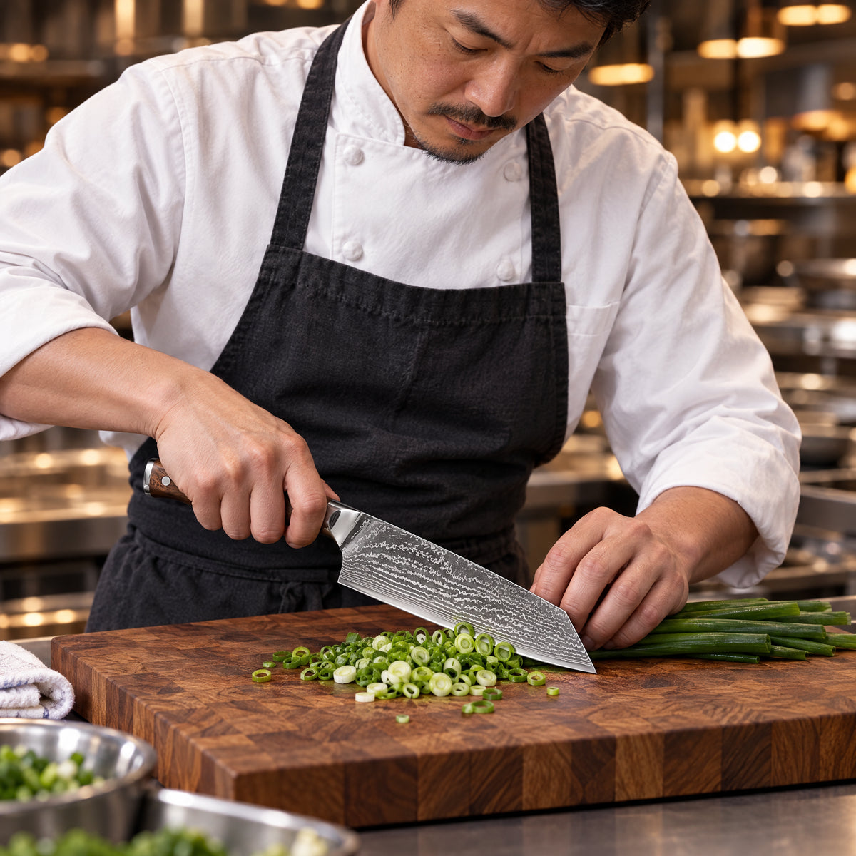 A Japanese chef using the Musashi Kiritsuke Knife on a wooden cutting board in a professional kitchen