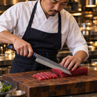 A Japanese chef using the Retsu Kiritsuke Knife on a wooden cutting board in a professional kitchen