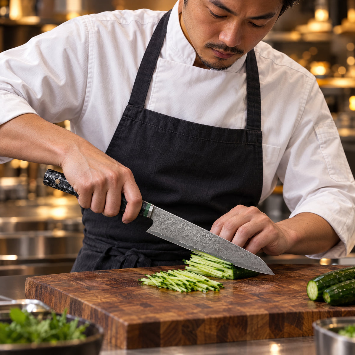 A Japanese chef using the Shingen Kiritsuke Knife on a wooden cutting board in a professional kitchen