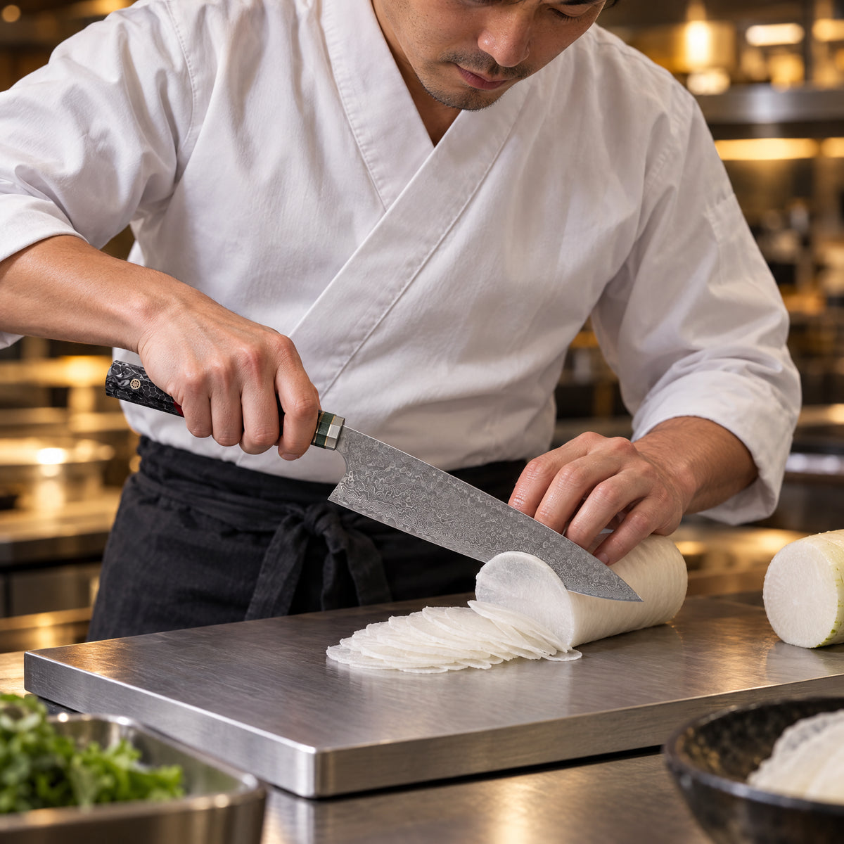A Japanese chef using the Shiden Kiritsuke Knife on a titanium cutting board in a professional kitchen