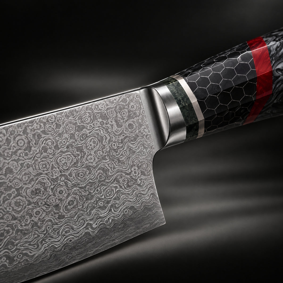 Close-up of the shiden kiritsuke knife blade and handle