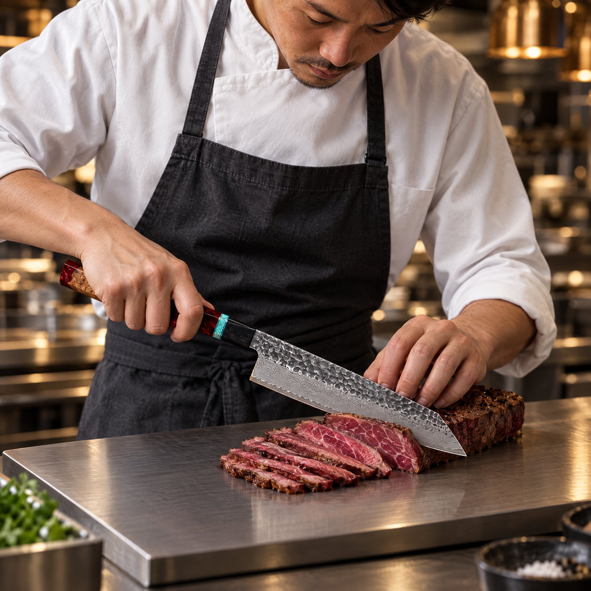 A Japanese chef using the Tenryu Kiritsuke Knife on a titanium cutting board in a professional kitchen