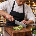 A Japanese chef using the Akatsuki Nakiri Knife on a wooden cutting board in a professional kitchen