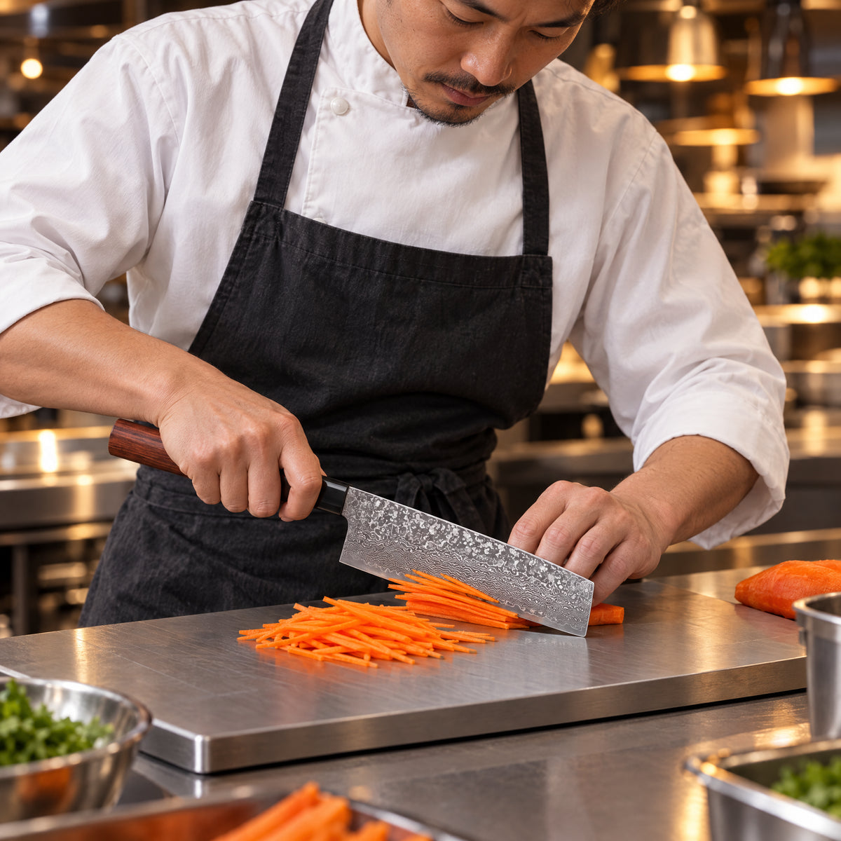 A Japanese chef using the Akitsu Nakiri Knife on a titanium cutting board in a professional kitchen