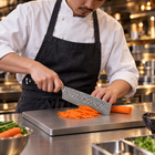 A Japanese chef using the Guren Nakiri Knife on a titanium cutting board in a professional kitchen